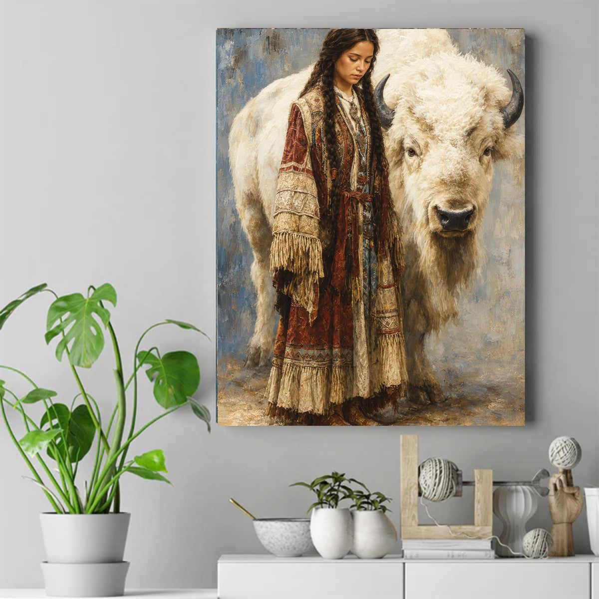 Native woman in a red fringed dress standing beside a large white bison with dark horns. – ảnh 2