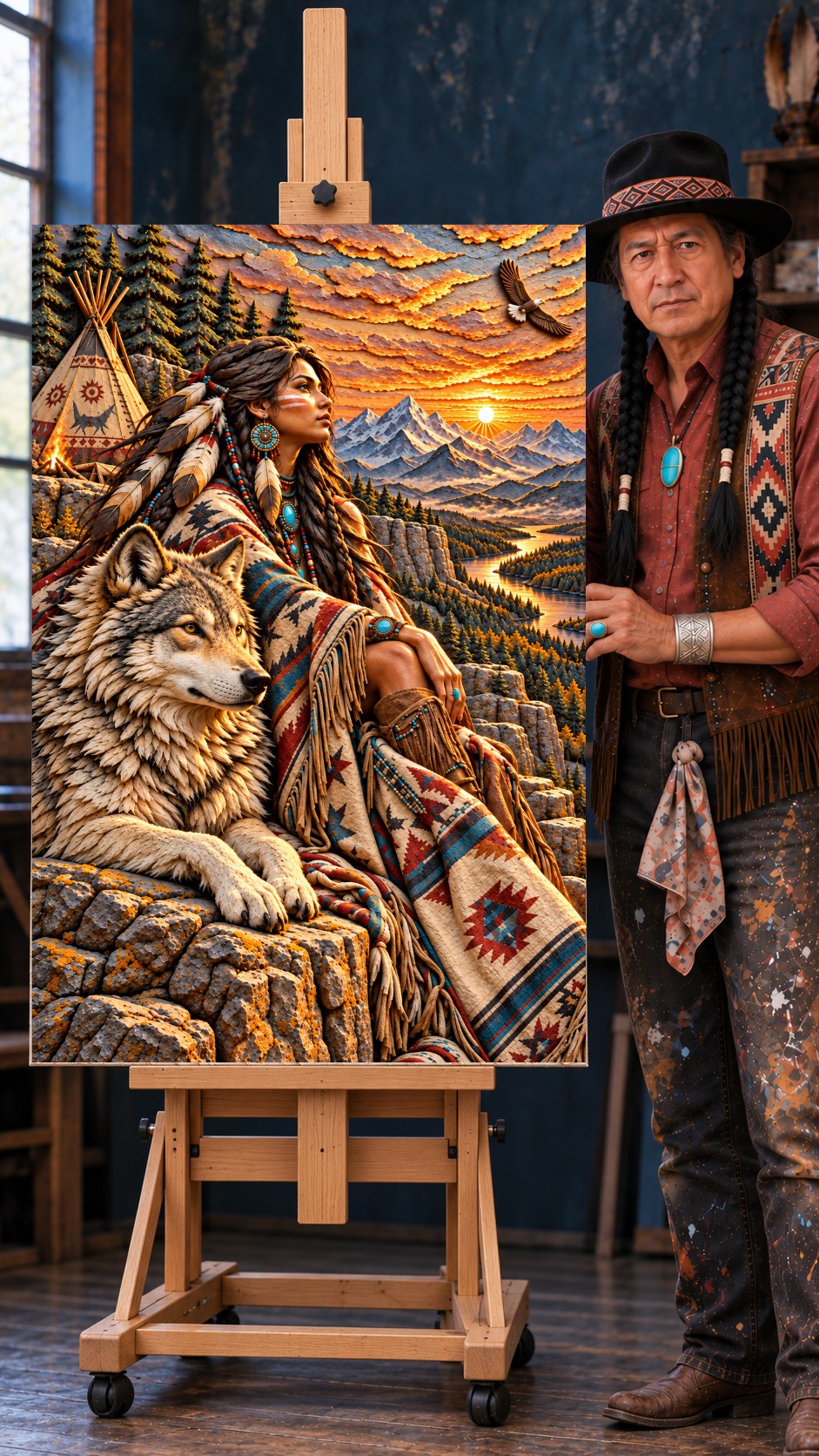 Native American woman and a gray wolf on a rocky ledge at sunrise, with a tipi, mountains, a river and a flying eagle