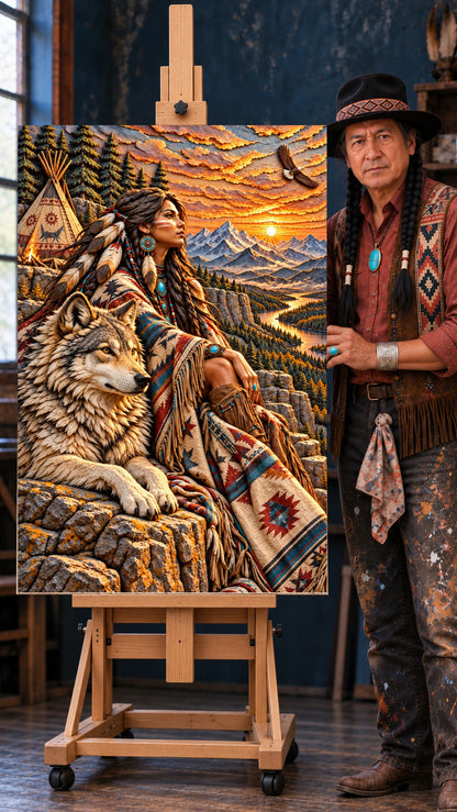 Native American woman and a gray wolf on a rocky ledge at sunrise, with a tipi, mountains, a river and a flying eagle