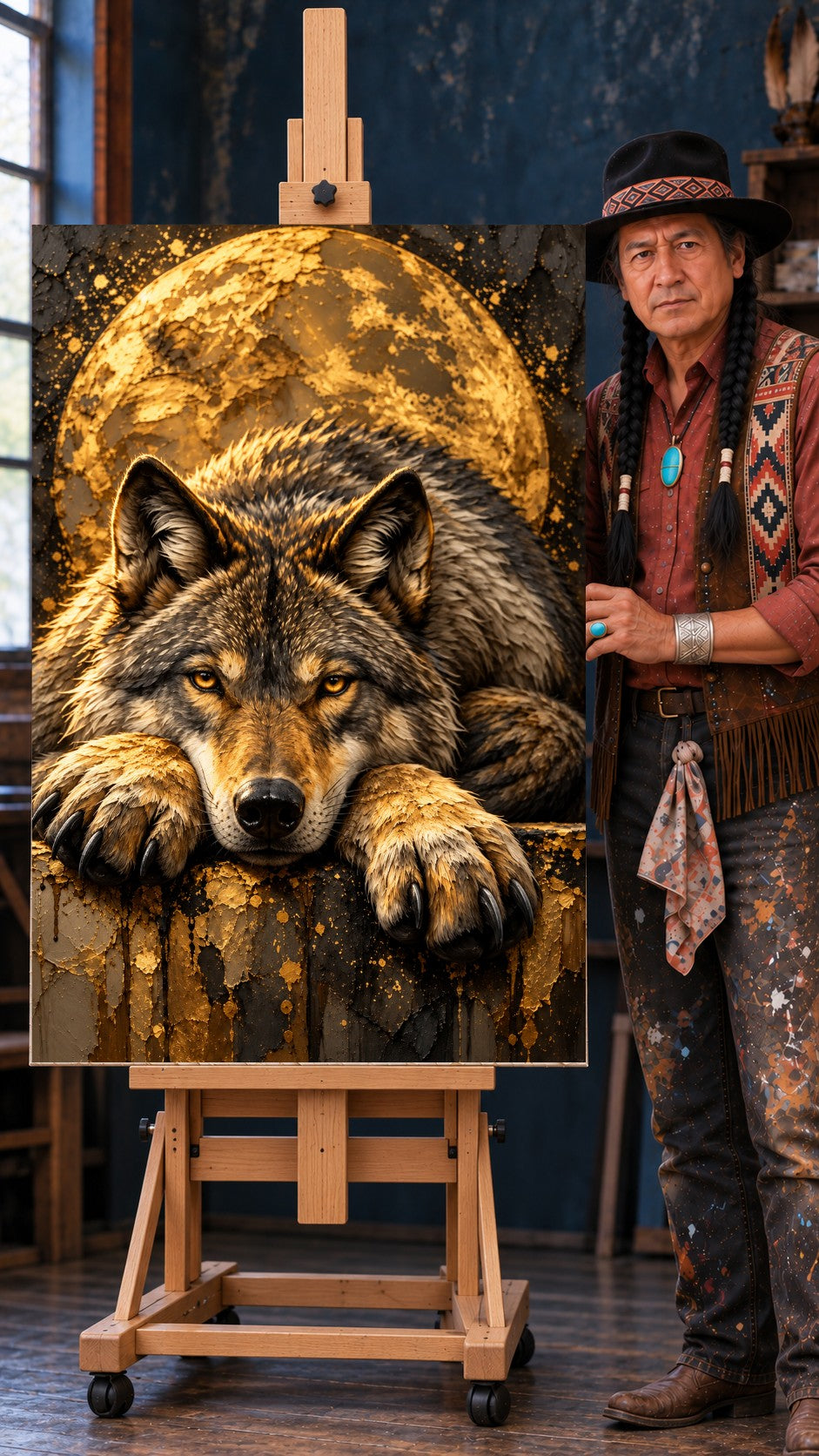 Wolf resting with paws forward, amber eyes and dark claws, in front of a large golden moon on a dark background
