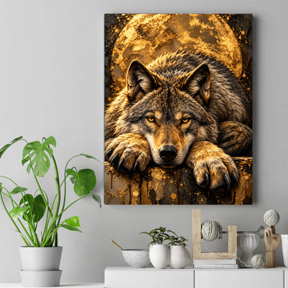 Wolf resting with paws forward, amber eyes and dark claws, in front of a large golden moon on a dark background – ảnh 2