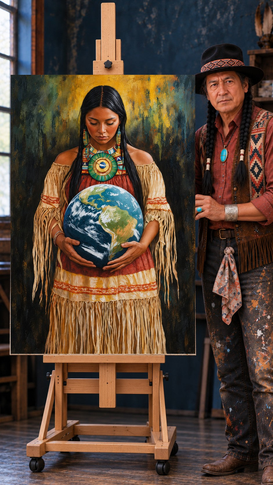 Native woman in fringed dress and beadwork holding a globe of Earth with both hands