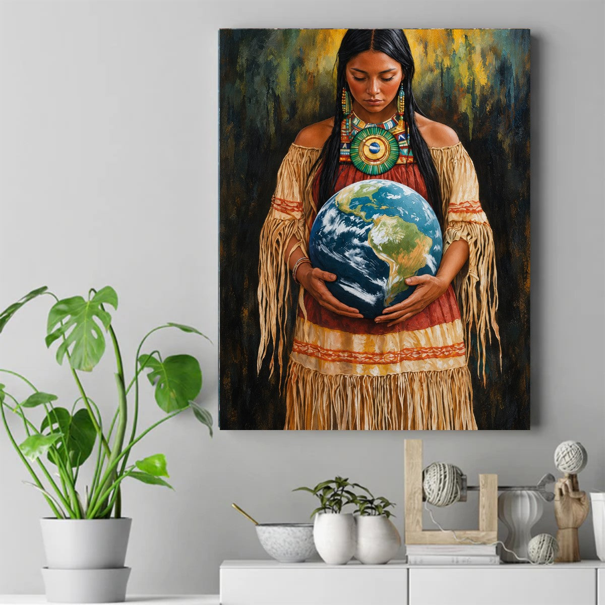 Native woman in fringed dress and beadwork holding a globe of Earth with both hands – ảnh 2