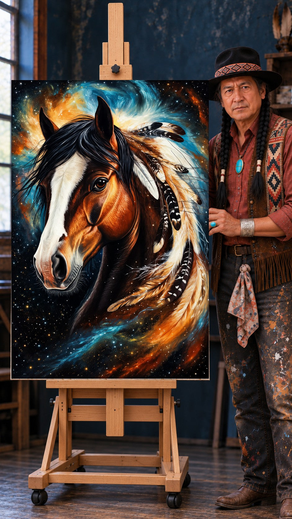 Horse with a white blaze and dark mane wearing beaded feathers, against a starry blue and orange nebula sky
