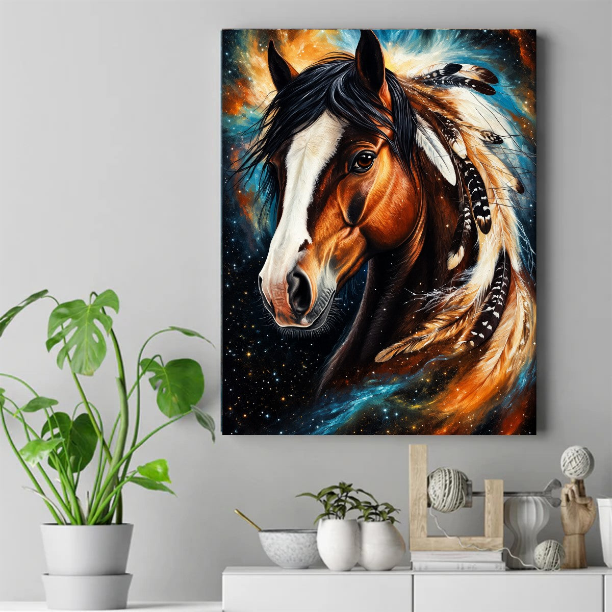 Horse with a white blaze and dark mane wearing beaded feathers, against a starry blue and orange nebula sky – ảnh 2