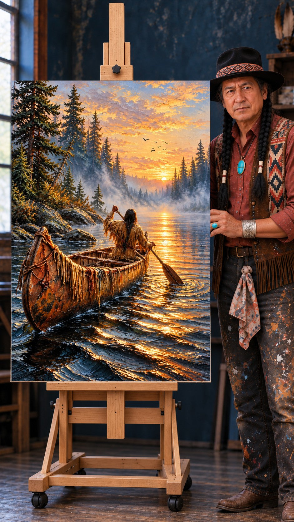 Native woman paddling a canoe on a misty lake at sunset, golden light, pine trees, and birds in the sky.