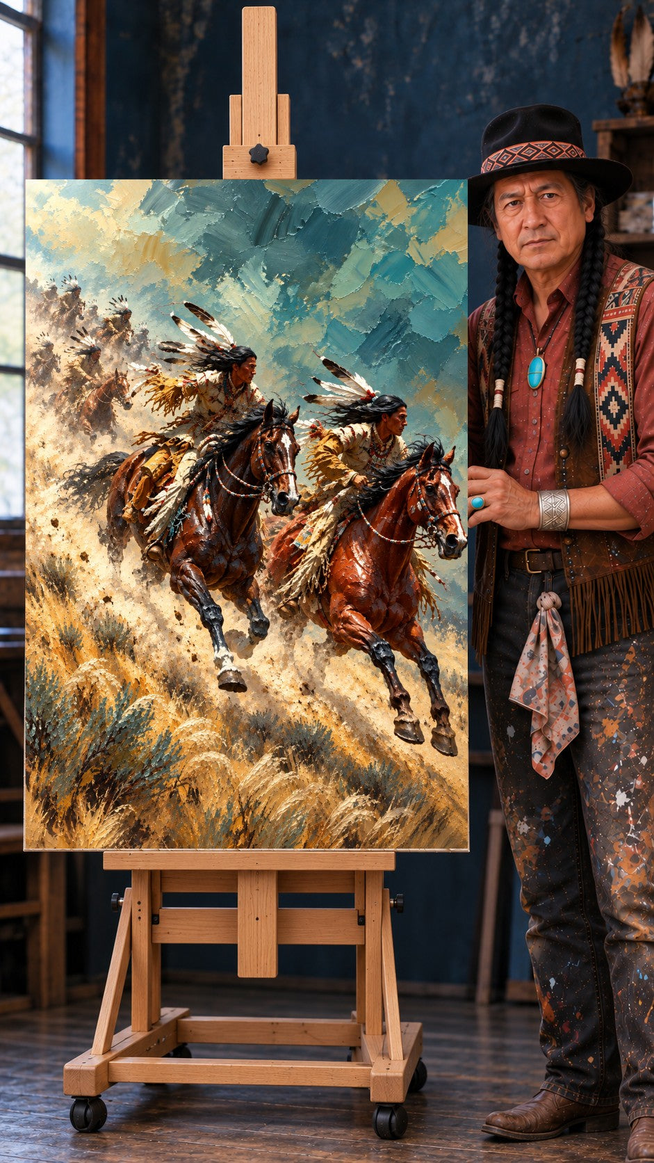 Two Native American riders on galloping horses, kicking up dust, wearing feathered headdresses, under a blue textured sky.