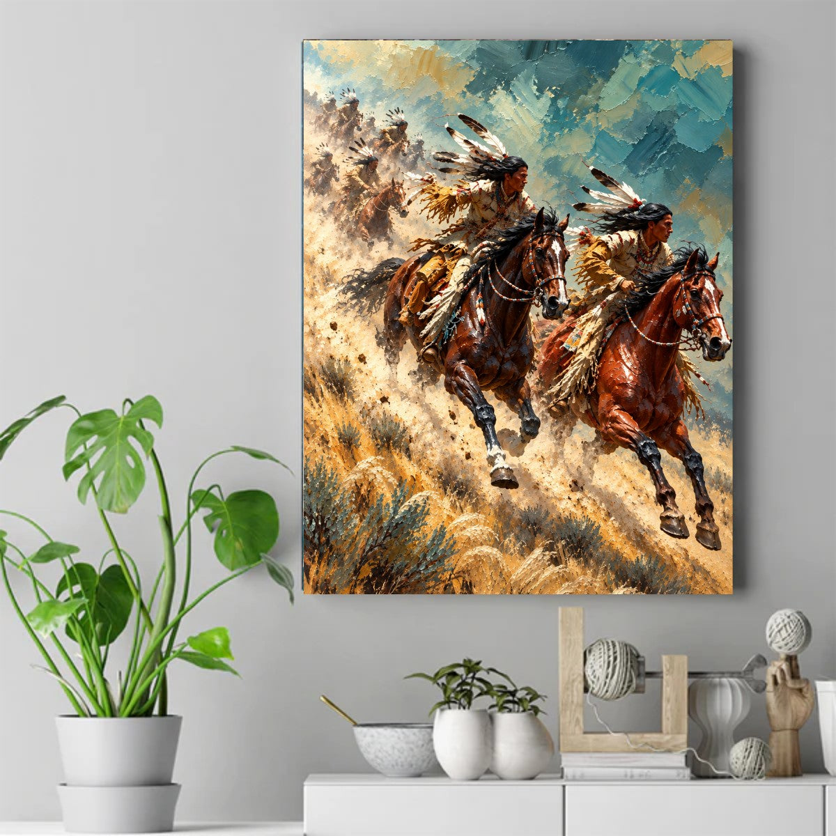 Two Native American riders on galloping horses, kicking up dust, wearing feathered headdresses, under a blue textured sky. – ảnh 2