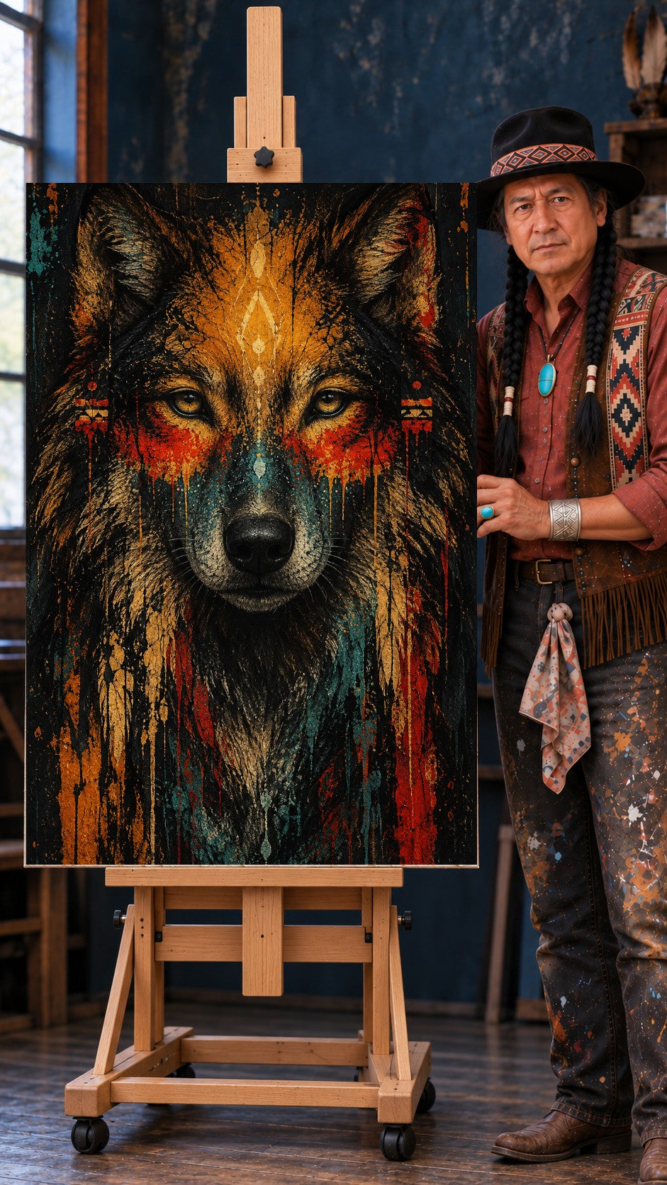 Front-facing wolf portrait with pale gold eyes, blue and red paint drips, and small tribal marks in ochre