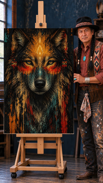 Front-facing wolf portrait with pale gold eyes, blue and red paint drips, and small tribal marks in ochre