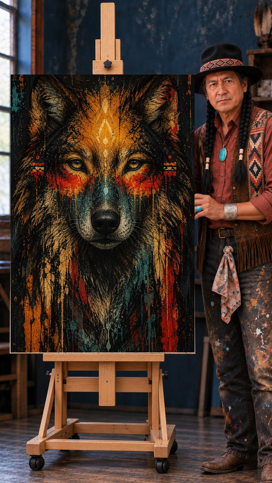 Front-facing wolf portrait with pale gold eyes, blue and red paint drips, and small tribal marks in ochre