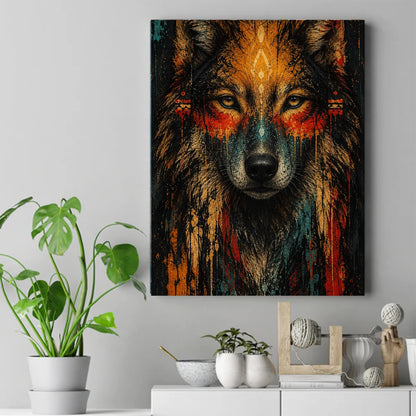 Front-facing wolf portrait with pale gold eyes, blue and red paint drips, and small tribal marks in ochre – ảnh 2