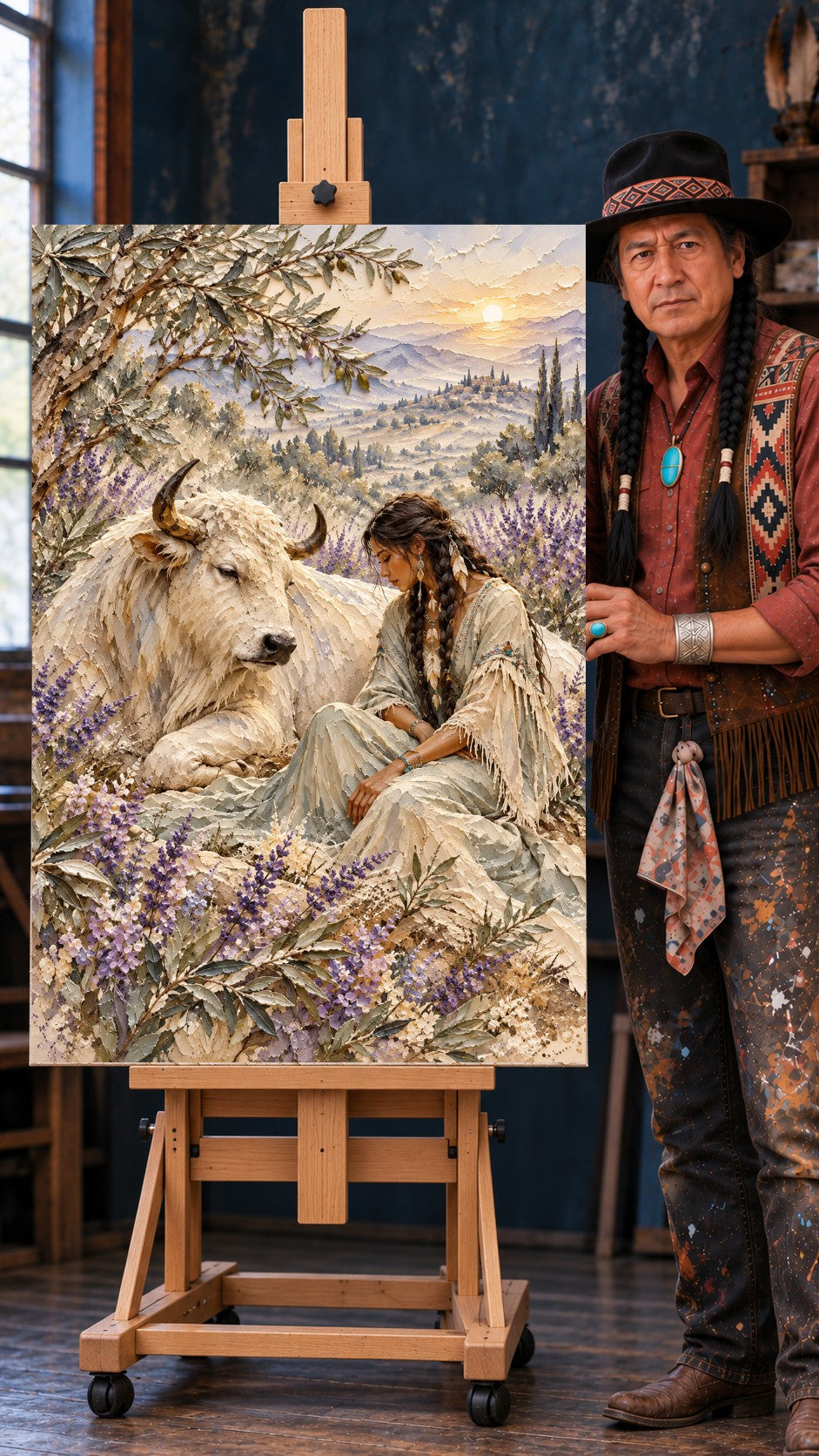 Native woman with braids sitting beside a white buffalo in a lavender field at sunset, soft warm light.