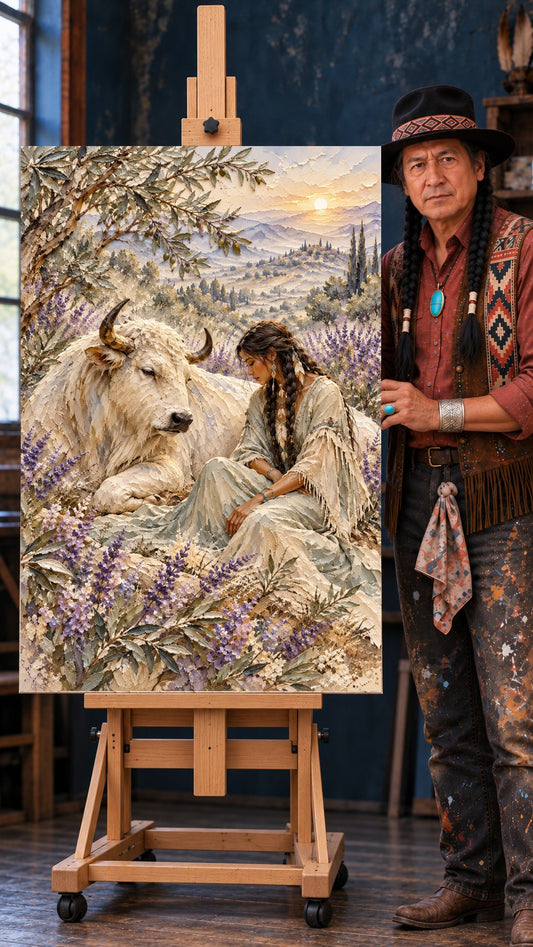 Native woman with braids sitting beside a white buffalo in a lavender field at sunset, soft warm light.