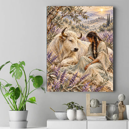 Native woman with braids sitting beside a white buffalo in a lavender field at sunset, soft warm light. – ảnh 2