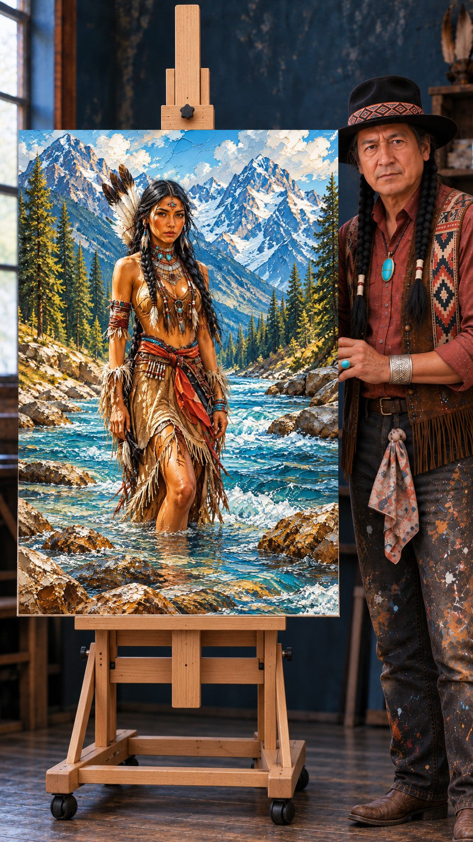 Native American woman standing in a river, wearing a feather and turquoise jewelry, with mountains and pine trees behind her.
