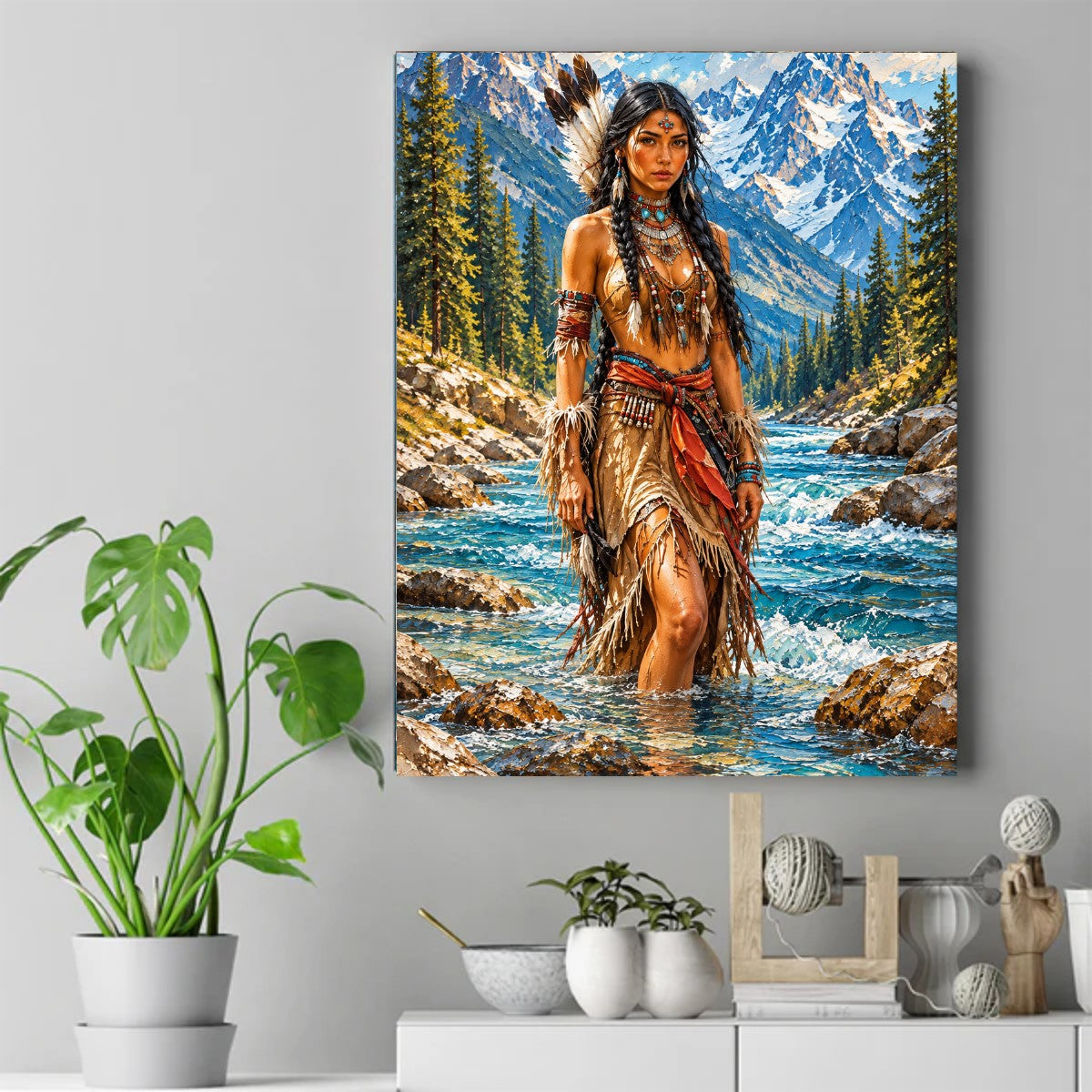 Native American woman standing in a river, wearing a feather and turquoise jewelry, with mountains and pine trees behind her. – ảnh 2