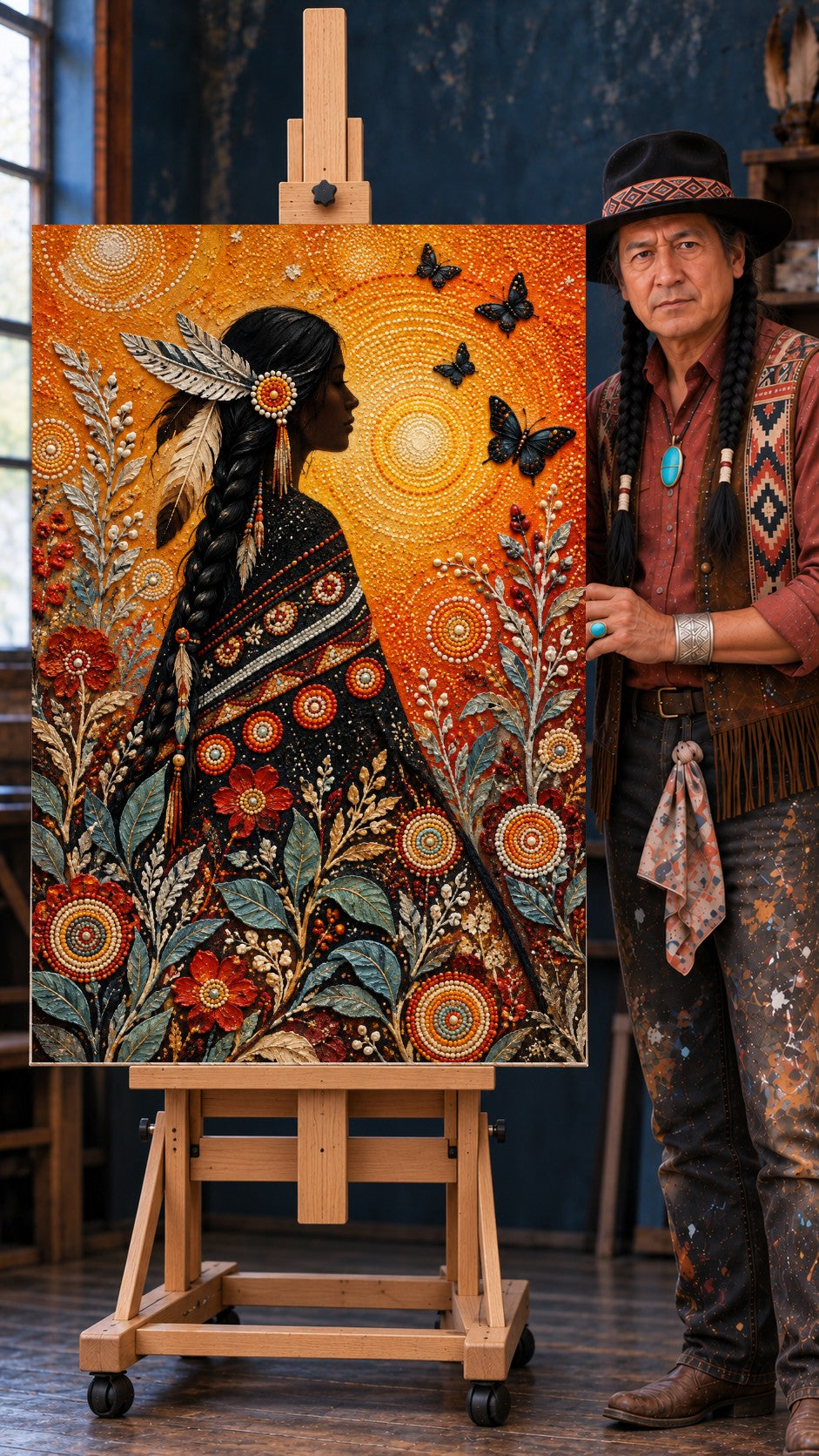 Native woman with a long braid and beaded hairpiece, surrounded by beadwork flowers and butterflies on an orange background.
