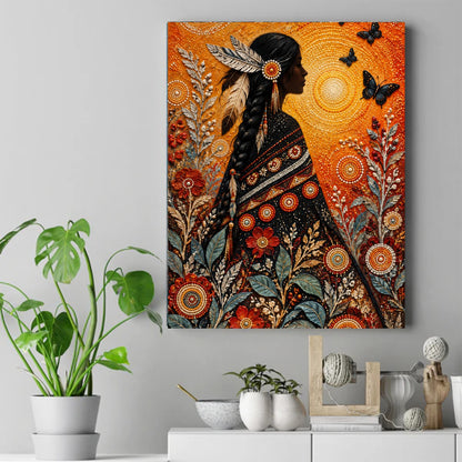 Native woman with a long braid and beaded hairpiece, surrounded by beadwork flowers and butterflies on an orange background. – ảnh 2