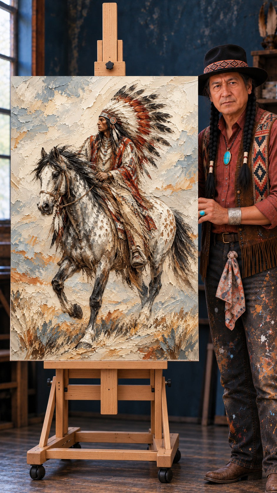 Native American rider in a feathered headdress on a spotted horse, textured oil painting in cream and rust tones.