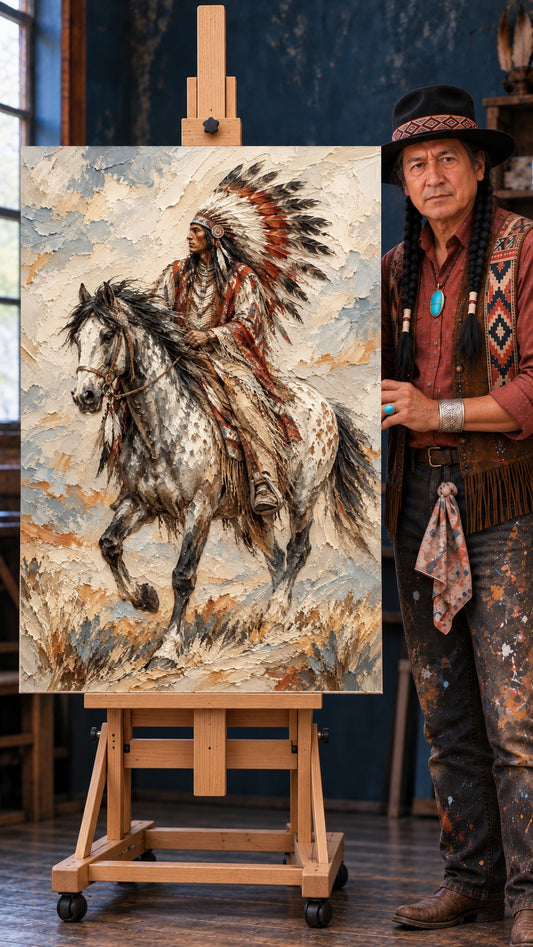 Native American rider in a feathered headdress on a spotted horse, textured oil painting in cream and rust tones.