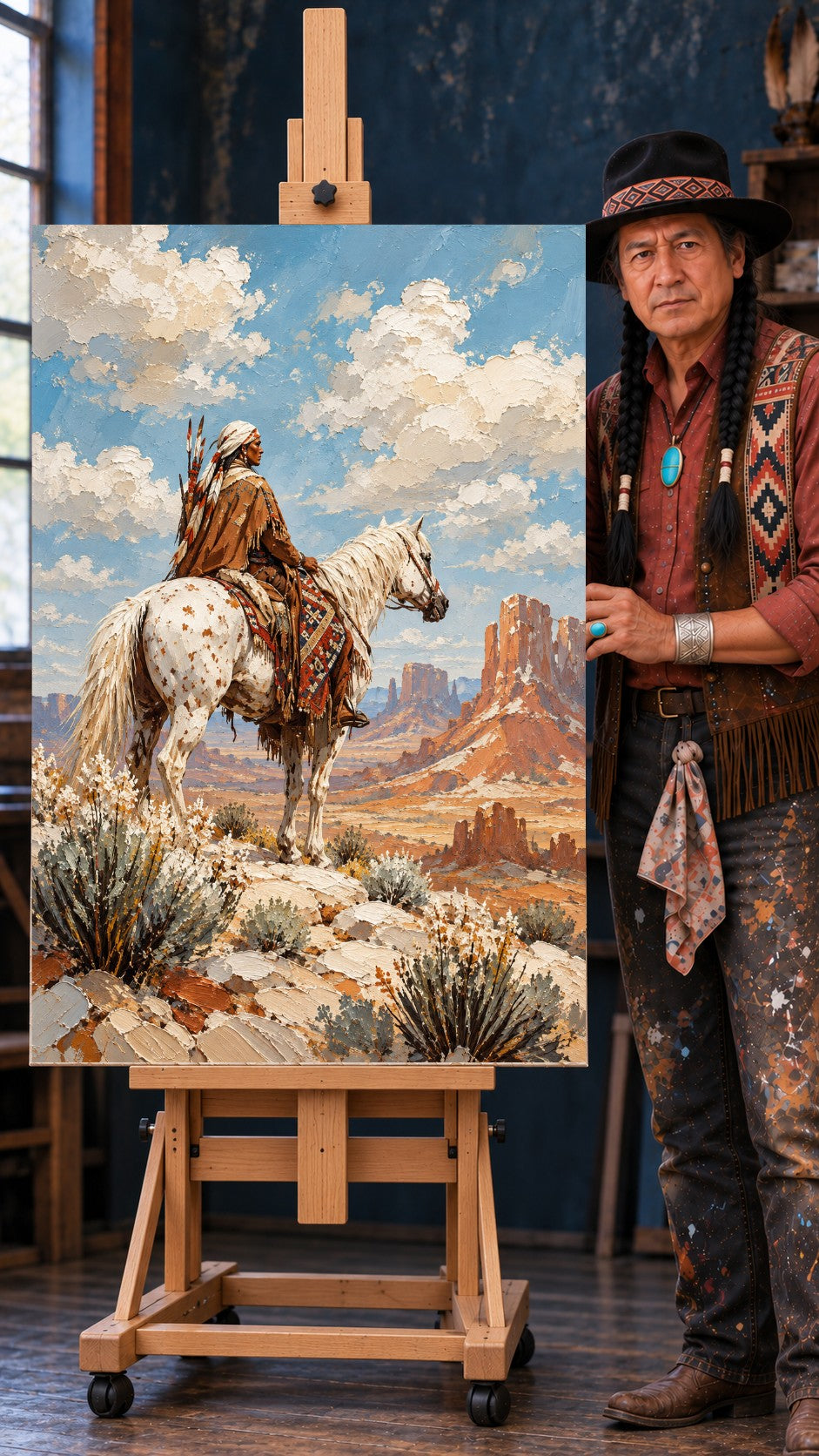 Native American rider on a white spotted horse overlooking red rock buttes under a blue sky with clouds.