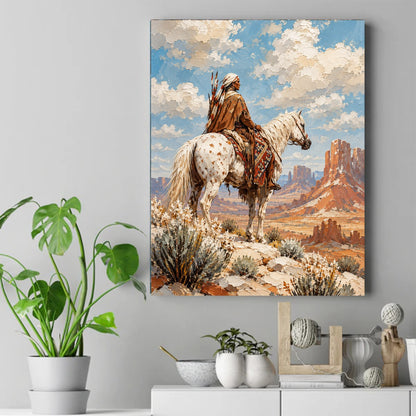 Native American rider on a white spotted horse overlooking red rock buttes under a blue sky with clouds. – ảnh 2