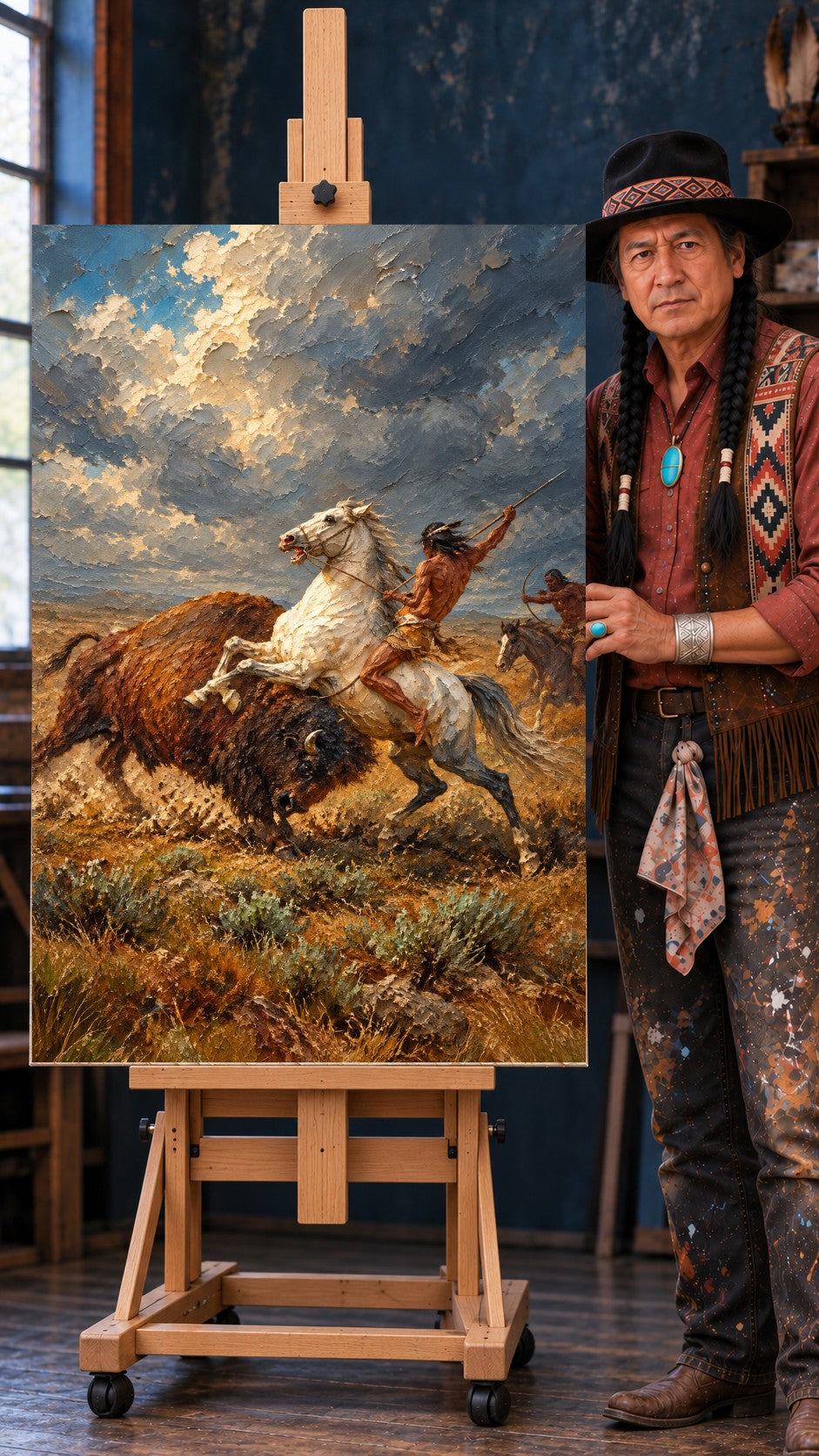 Native American rider on a white horse spears a bison while another rider with a bow follows under cloudy sky.
