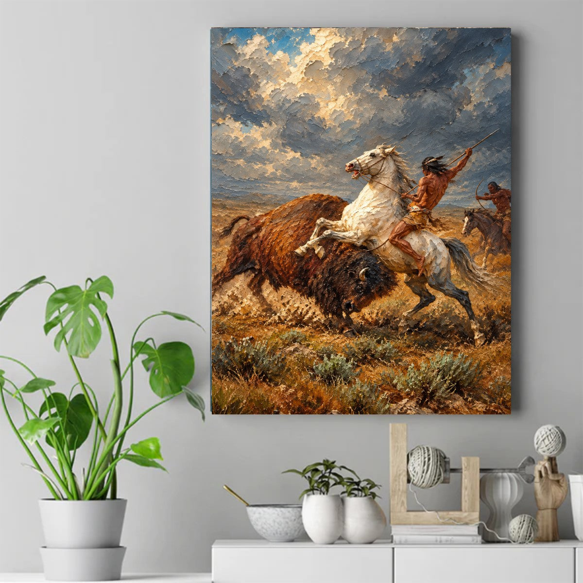 Native American rider on a white horse spears a bison while another rider with a bow follows under cloudy sky. – ảnh 2
