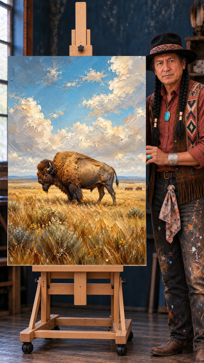 A bison walking through tall golden grass under a blue sky with large white clouds and two distant bison.