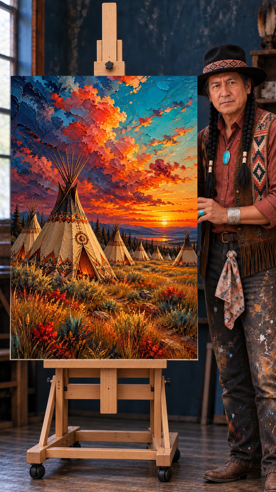 Native American tipi camp at sunset with brightly colored clouds, painted tipi designs, and tall grasses in warm light.