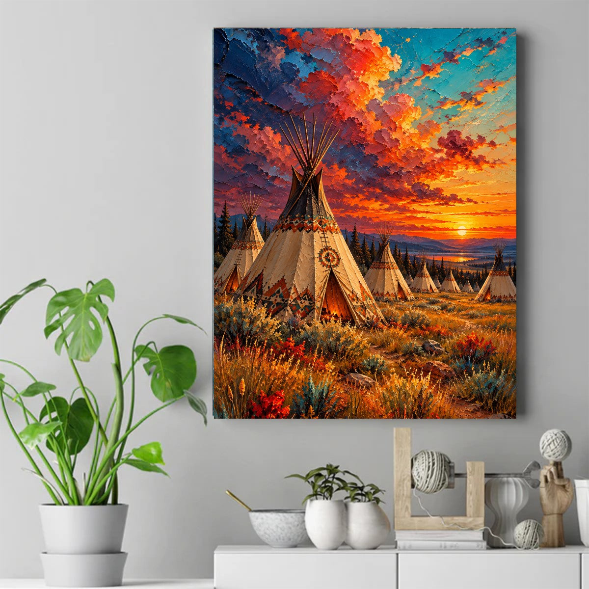 Native American tipi camp at sunset with brightly colored clouds, painted tipi designs, and tall grasses in warm light. – ảnh 2