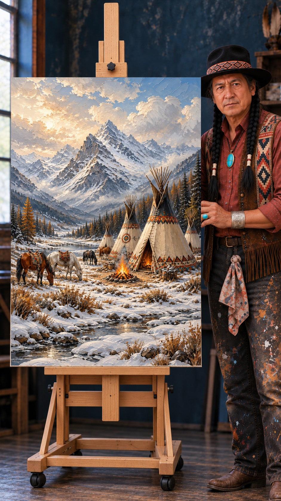 Native American tipi camp with horses and a campfire by a stream, snowy mountains and pine trees under a warm sunrise sky.