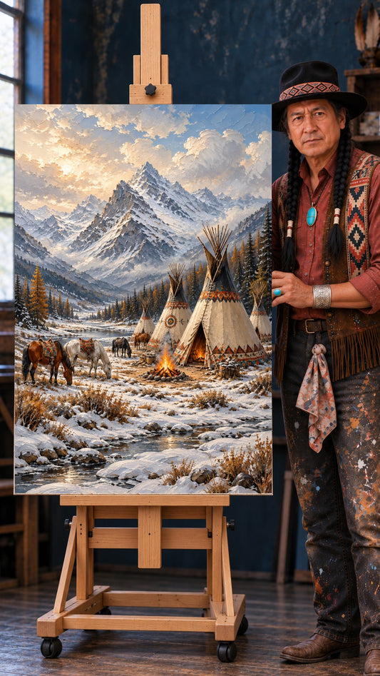 Native American tipi camp with horses and a campfire by a stream, snowy mountains and pine trees under a warm sunrise sky.