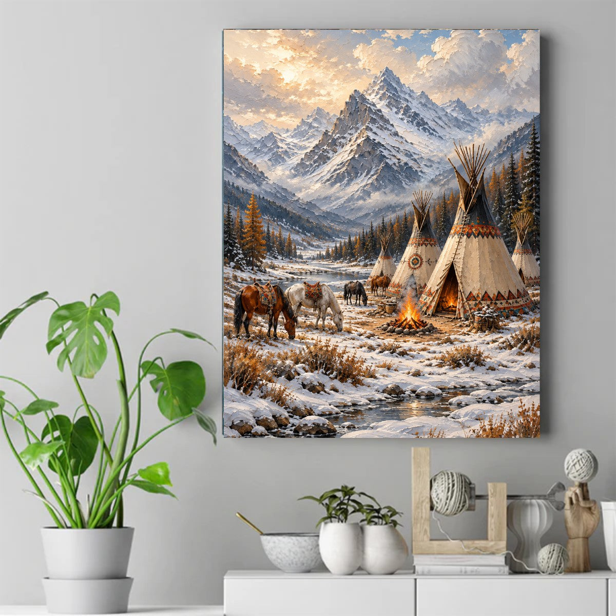 Native American tipi camp with horses and a campfire by a stream, snowy mountains and pine trees under a warm sunrise sky. – ảnh 2