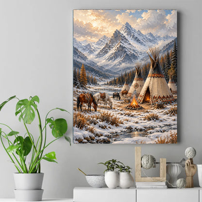 Native American tipi camp with horses and a campfire by a stream, snowy mountains and pine trees under a warm sunrise sky. – ảnh 2