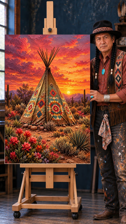 Native American tipi with patterned designs in desert at sunset, saguaro cacti and bright flowers.