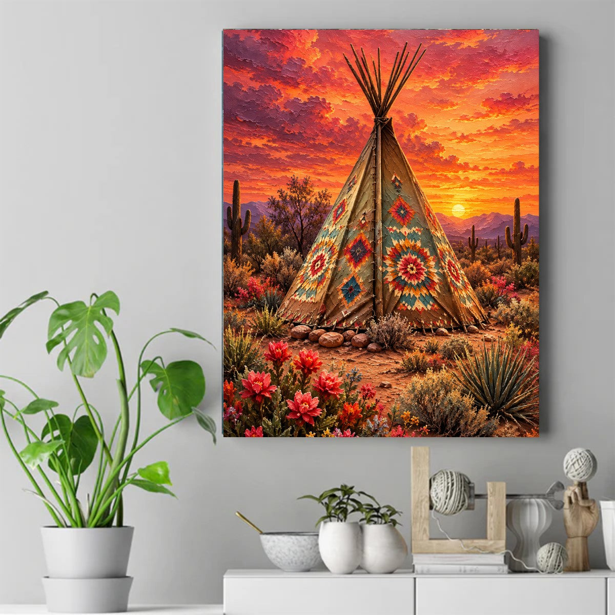 Native American tipi with patterned designs in desert at sunset, saguaro cacti and bright flowers. – ảnh 2