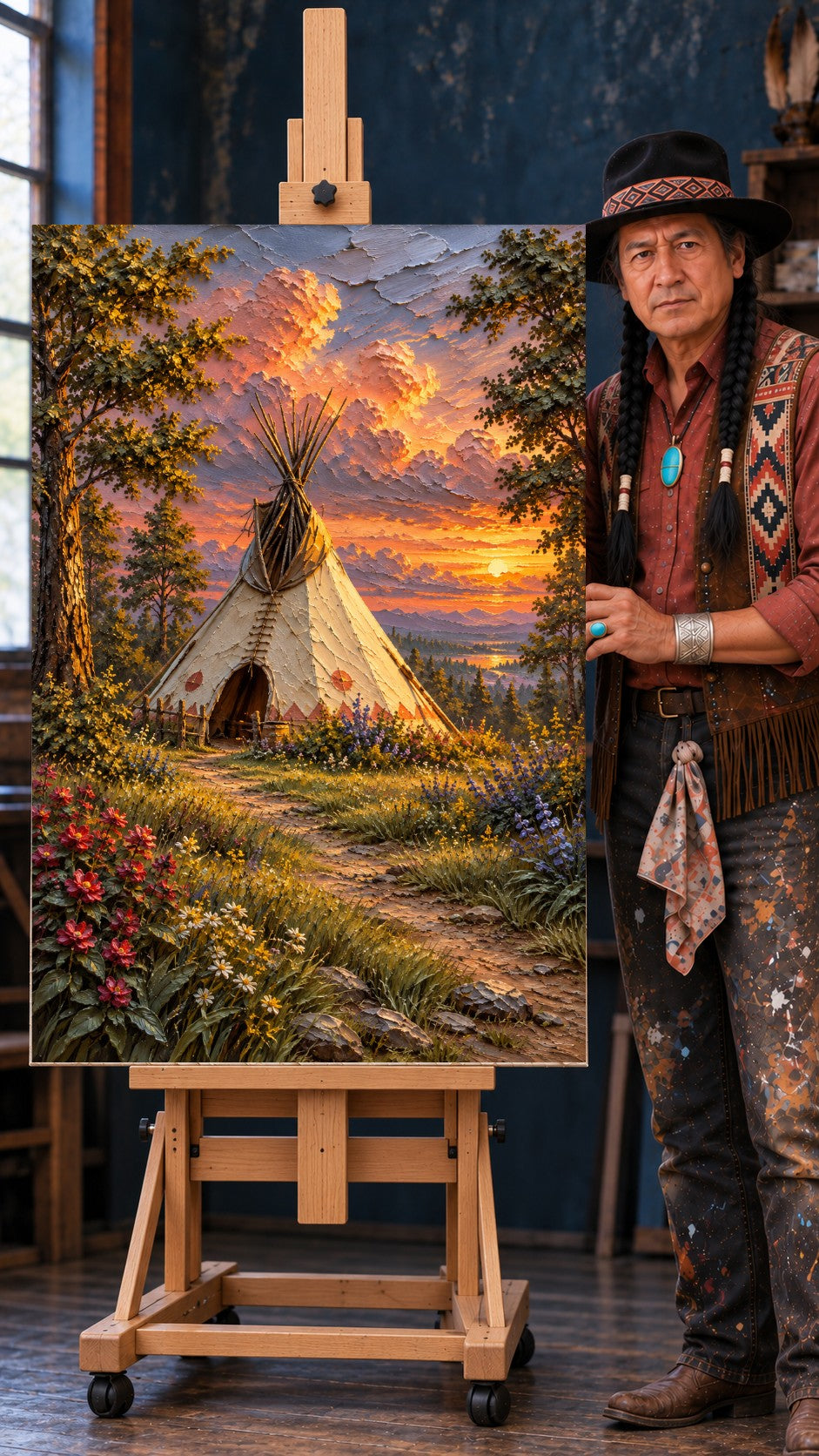 Tipi in a wildflower meadow at sunset with orange clouds, trees, mountains, and a lake in the background.