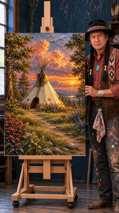 Tipi in a wildflower meadow at sunset with orange clouds, trees, mountains, and a lake in the background.