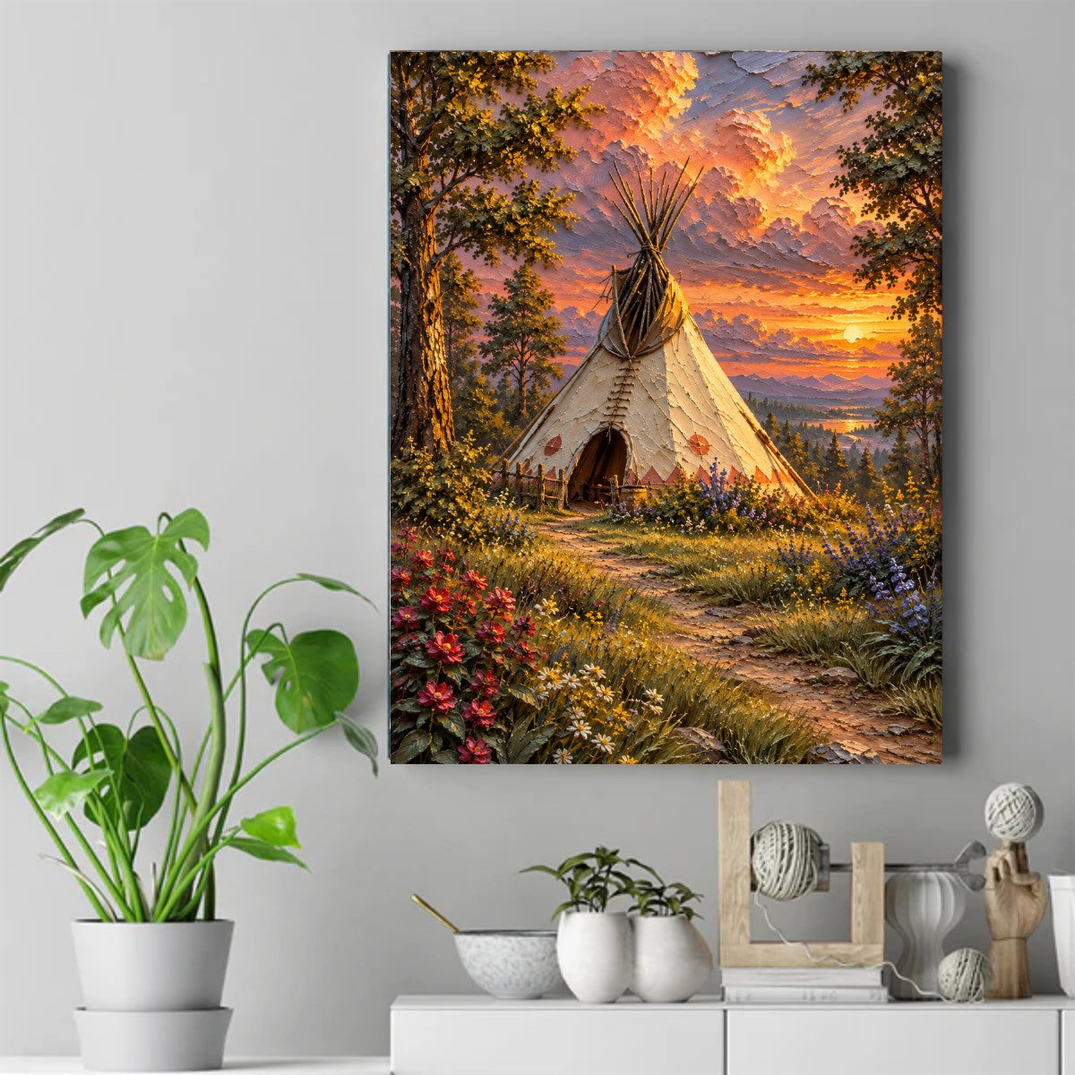 Tipi in a wildflower meadow at sunset with orange clouds, trees, mountains, and a lake in the background. – ảnh 2