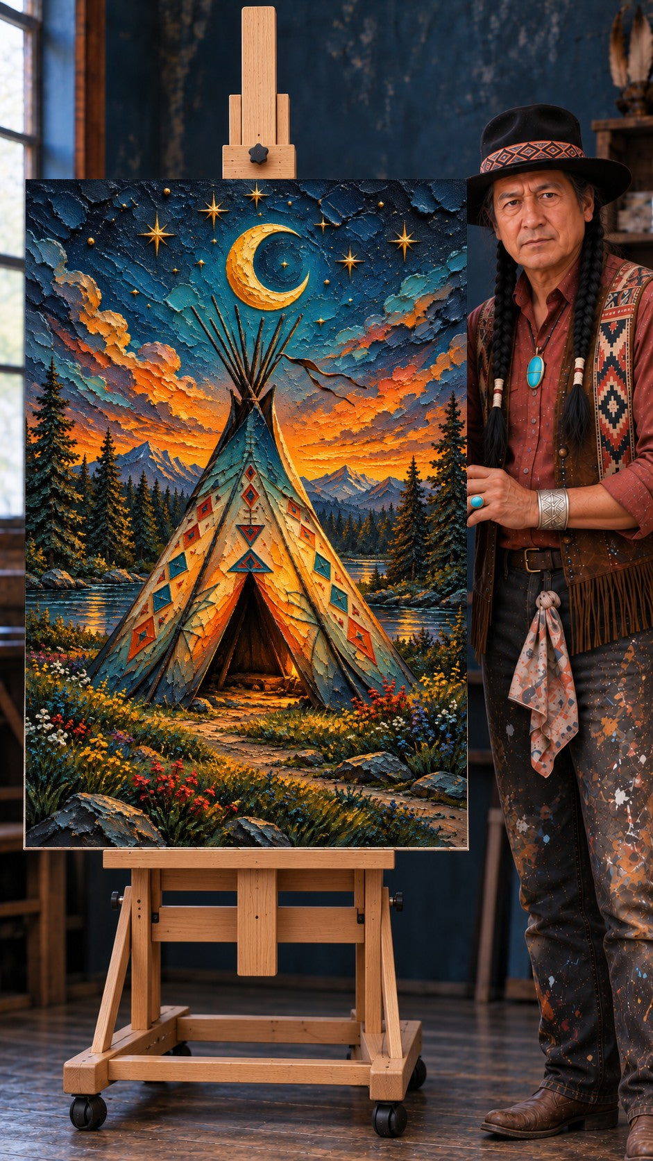 Colorful teepee glowing under a crescent moon and stars, with pine trees, mountains, and a lake at sunset.