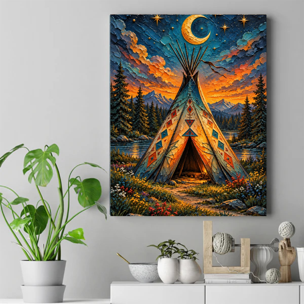 Colorful teepee glowing under a crescent moon and stars, with pine trees, mountains, and a lake at sunset. – ảnh 2