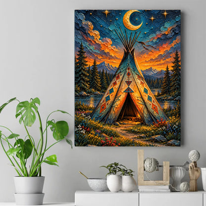 Colorful teepee glowing under a crescent moon and stars, with pine trees, mountains, and a lake at sunset. – ảnh 2