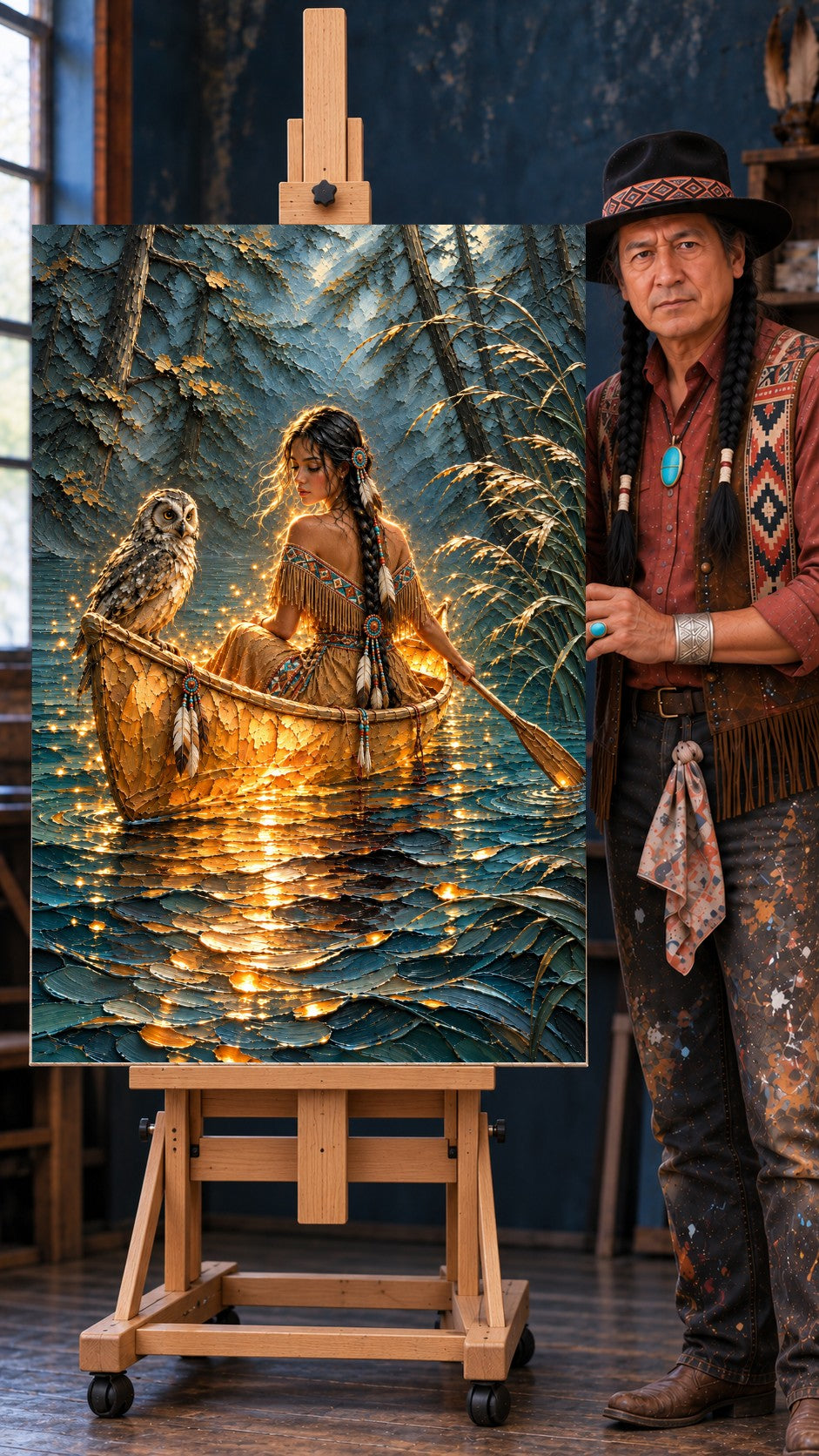 Native woman in a fringed dress paddling a canoe with an owl, golden lights reflecting on the water, pine trees behind