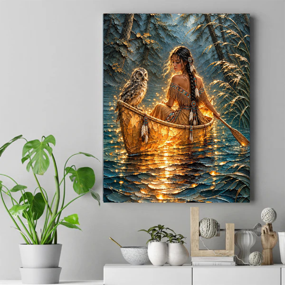 Native woman in a fringed dress paddling a canoe with an owl, golden lights reflecting on the water, pine trees behind – ảnh 2