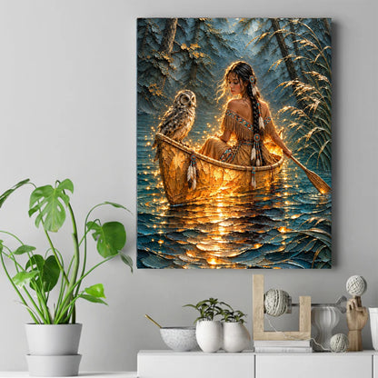 Native woman in a fringed dress paddling a canoe with an owl, golden lights reflecting on the water, pine trees behind – ảnh 2