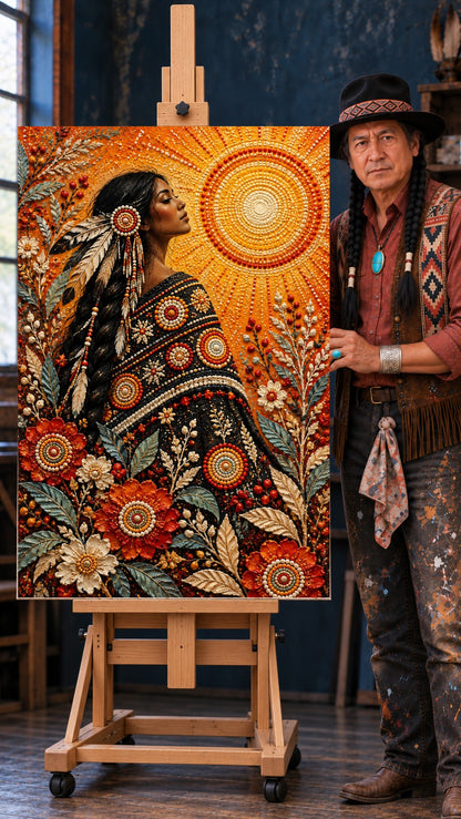 Native woman in profile with closed eyes, braided hair with feathers and a beaded shawl, facing a beaded sun among red flowers