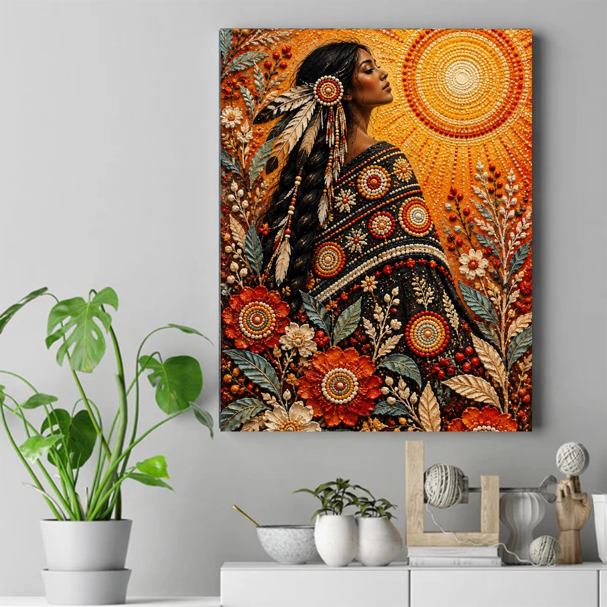 Native woman in profile with closed eyes, braided hair with feathers and a beaded shawl, facing a beaded sun among red flowers – ảnh 2