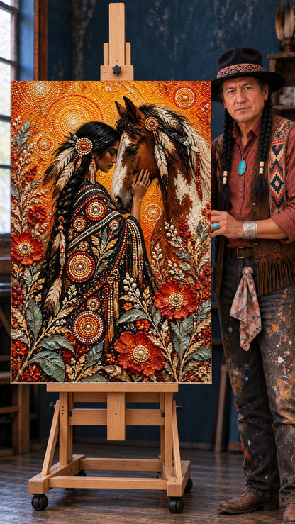 Native woman in beaded shawl resting her hand on a pinto horse's cheek, surrounded by red poppies and orange dot patterns